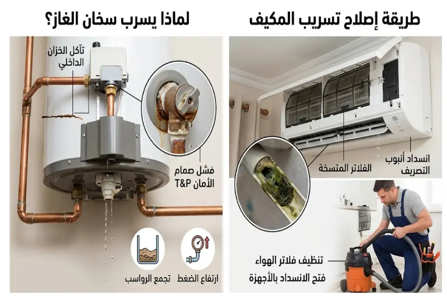 اصلاح تسريب الماء من المكيف | الأسباب والحلول + تسريب سخان الغاز 2 اصلاح تسريب الماء من المكيف